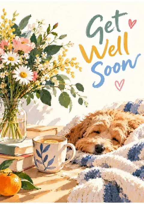 Card cover: get well soon, with daisies and a sleepy dog