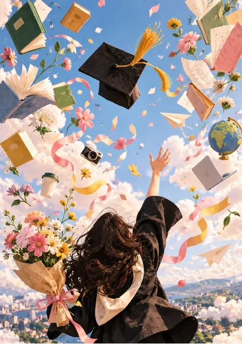 Card cover: a graduate throwing a cap into a sky of books and flowers