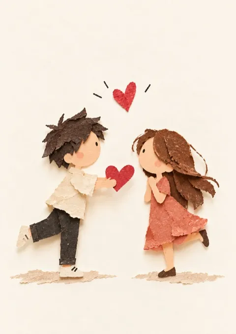 Card cover: torn-paper sweethearts, and a heart handed over