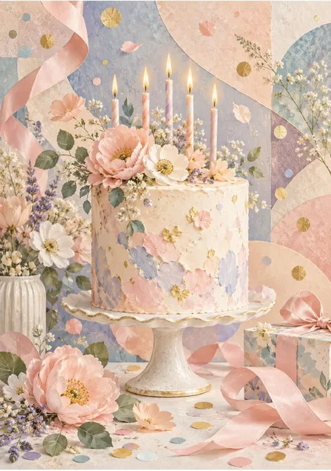 Card cover: a pastel birthday cake with candles and flowers