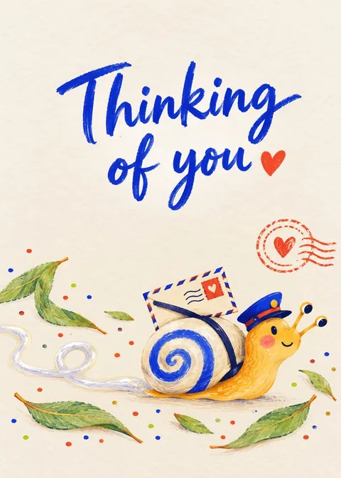 Card cover: “Thinking of you”, with a snail in a postman’s cap carrying a letter