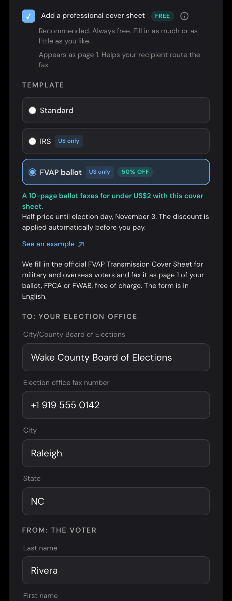 unofax send form with the FVAP ballot cover sheet template selected and marked 50% off, showing the election office and voter fields filled in
