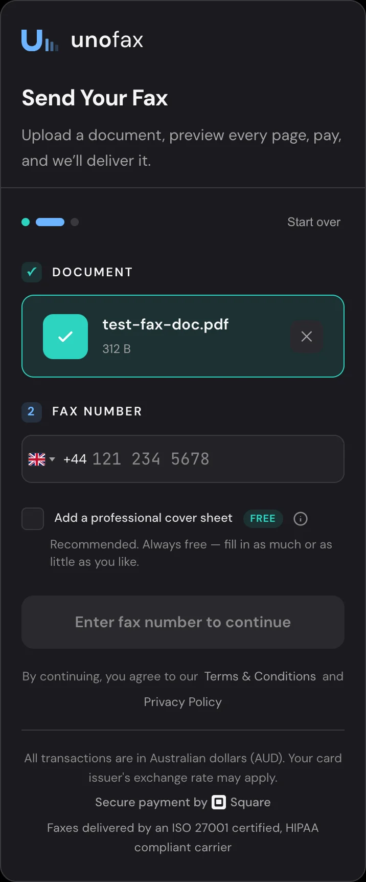 書類アップロード後のUnoFaxフォーム：FAX番号入力ステップの表示