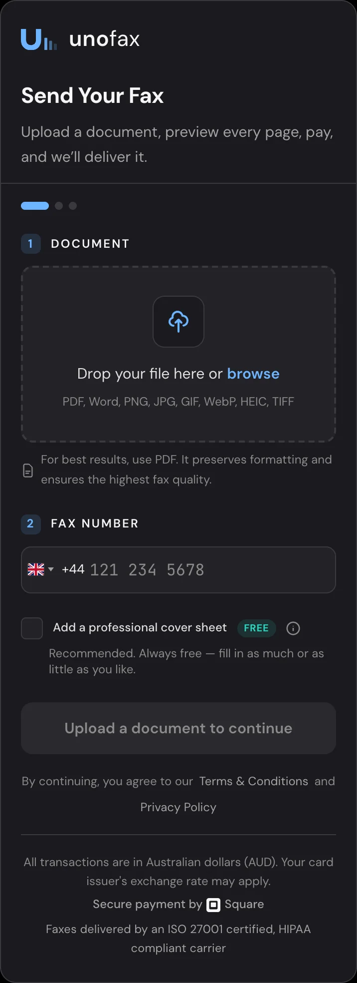 スマートフォンに表示されたUnoFaxフォーム：書類アップロードとFAX番号入力のステップ