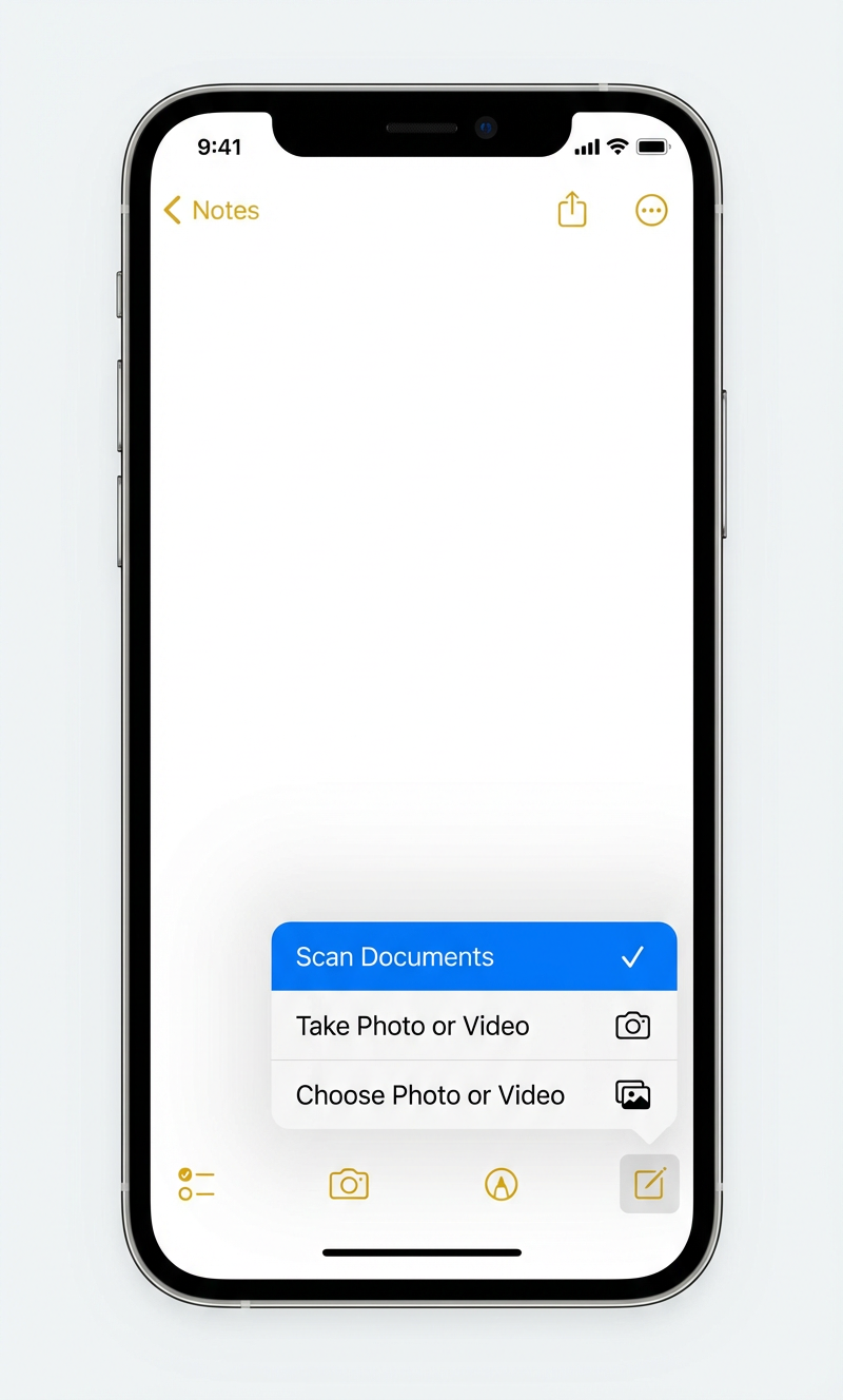 iPhone Notes app showing the Scan Documents menu option