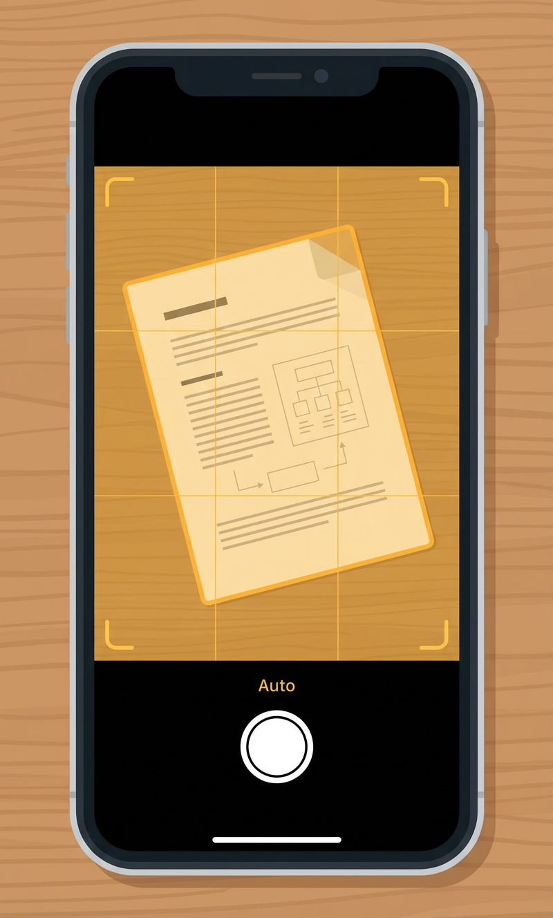 iPhone camera viewfinder detecting a document with edge highlighting