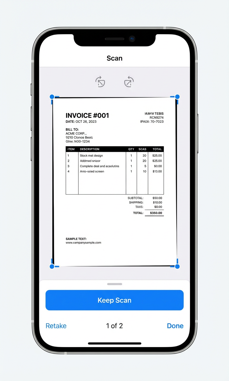 Scanned document preview with crop handles, Keep Scan and Retake buttons
