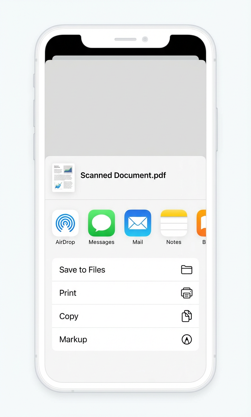 iOS share sheet showing a scanned PDF with Save to Files, AirDrop, and Mail options
