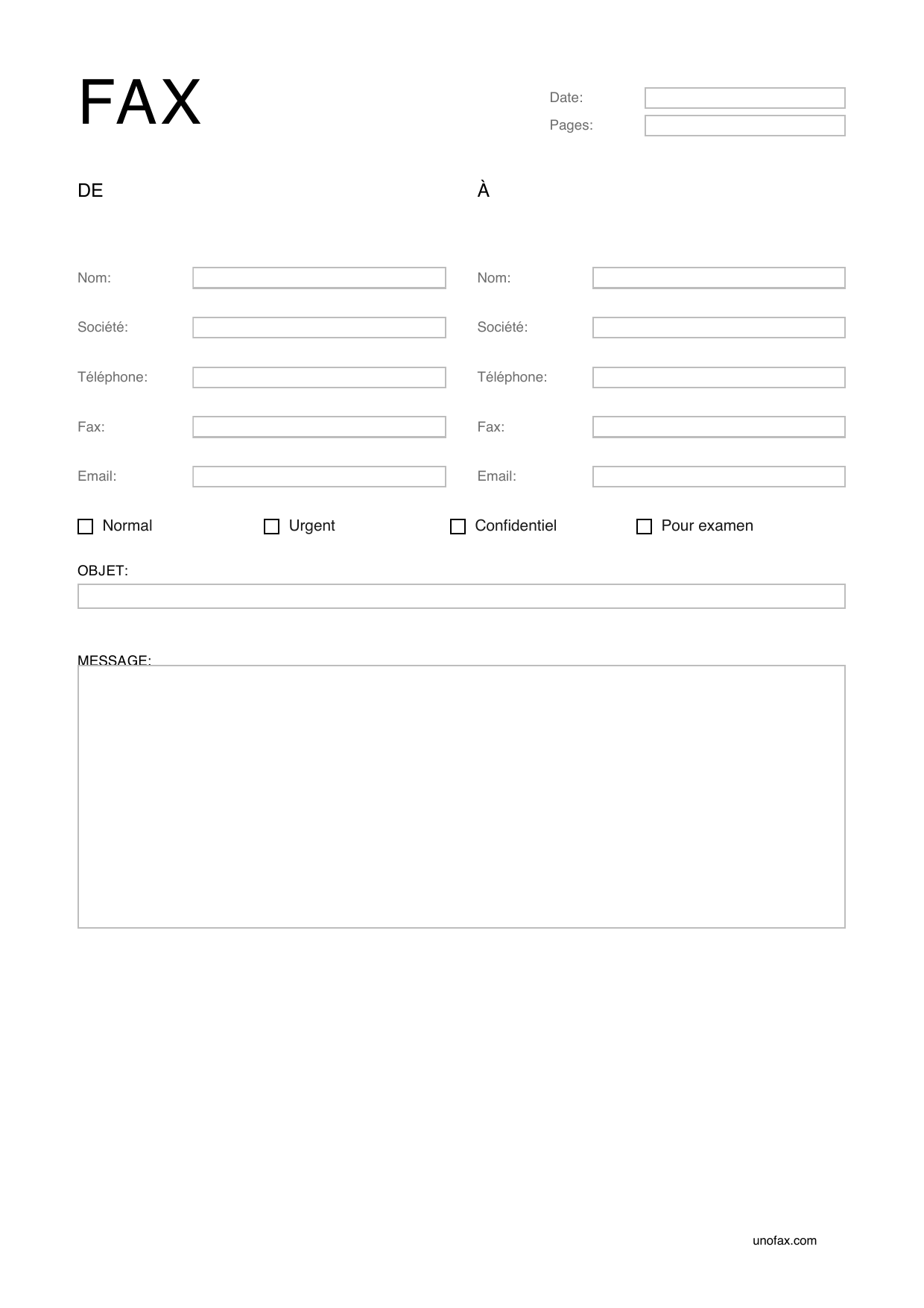 Aperçu du modèle de page de garde de fax à remplir en français avec des champs pour l'expéditeur, le destinataire, l'objet et le message